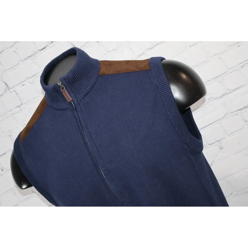 Chaps Sweater Vest Mens Medium Blue Faux Suede Trim Full Zip Cotton Knit Jacket